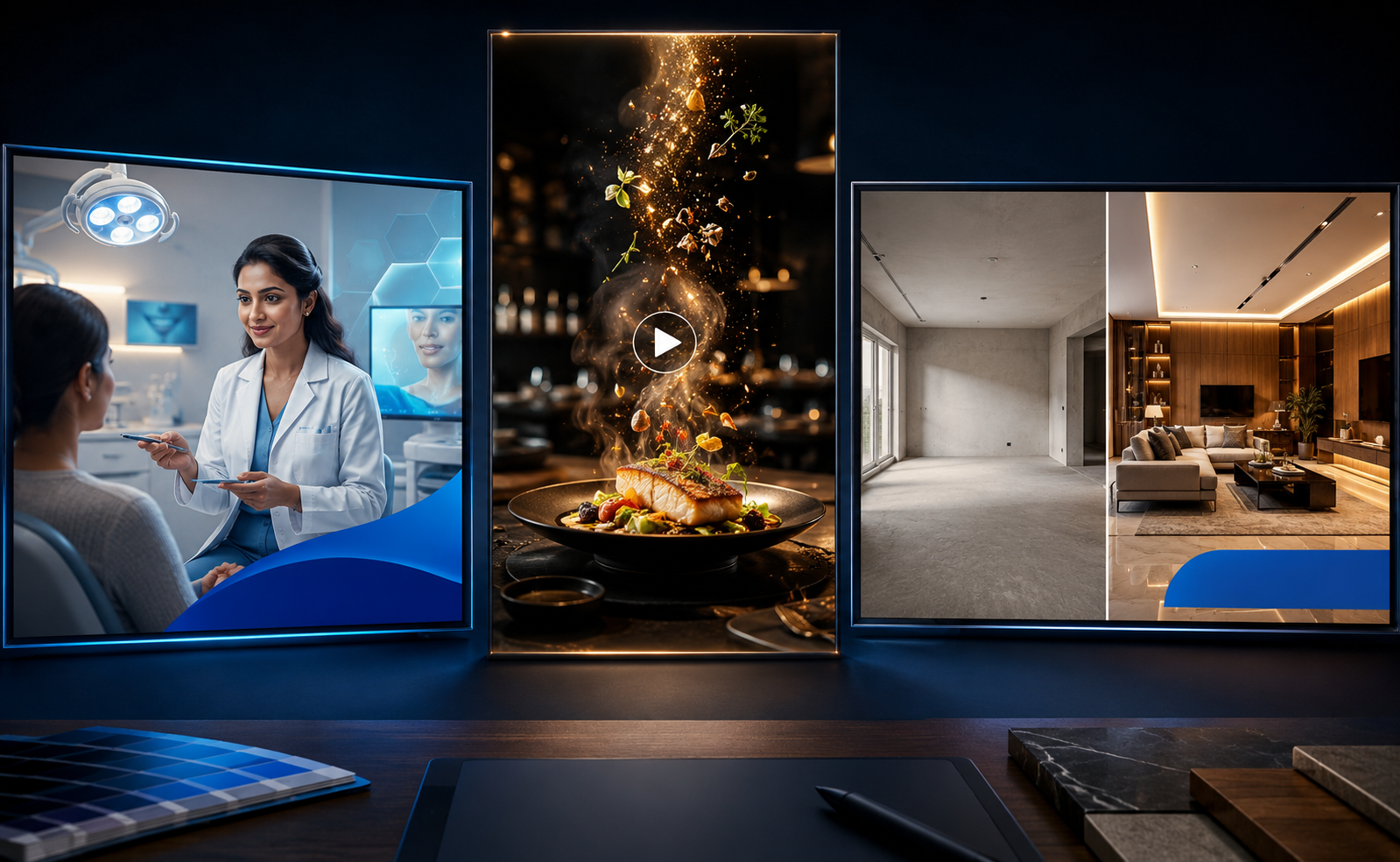 Healthcare social poster, restaurant AI reel and interior design before-after advertising creative